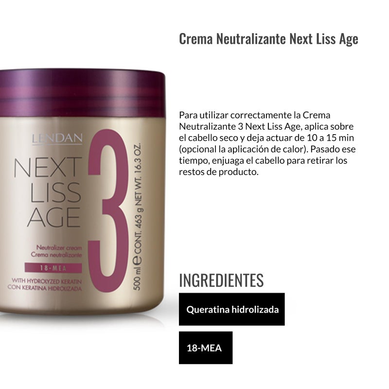 Lendan - Hair Conditioner - Neutralizing Cream Next Liss Age NÂº3-500ml - Step 3 Professional Pack - Completes the Straightening Process - Nourishes, Hydrates, and Soften - Long-Lasting Straightening - Image 4
