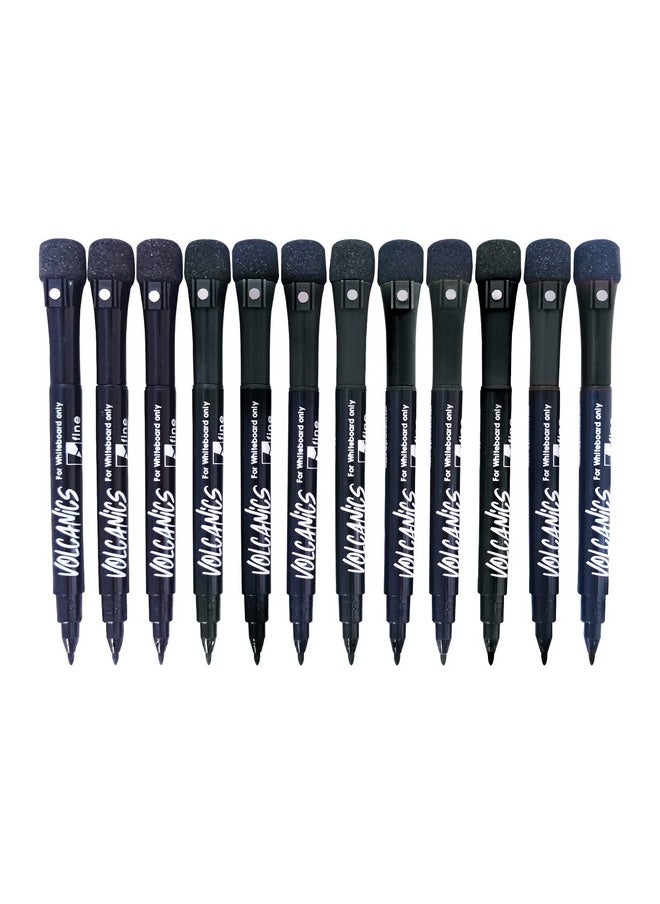 Volcanics Magnetic Whiteboard Markers - 12 Count Black Fine Tip Dry Erase Markers With Eraser For Kids, Low Odor Thin Markers For Calendar Boards  - Image 2
