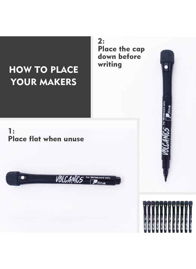 Volcanics Magnetic Whiteboard Markers - 12 Count Black Fine Tip Dry Erase Markers With Eraser For Kids, Low Odor Thin Markers For Calendar Boards  - Image 4