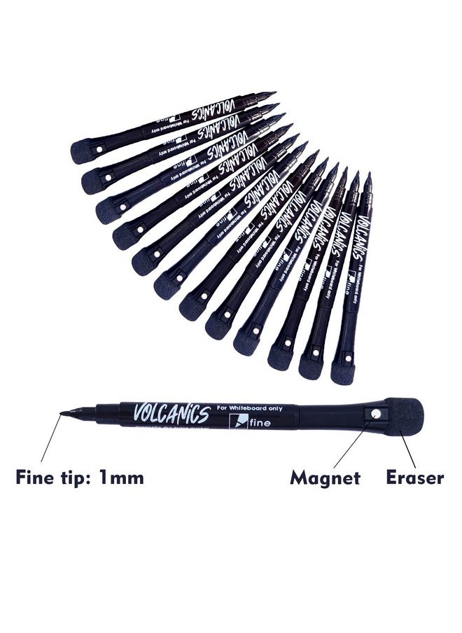 Volcanics Magnetic Whiteboard Markers - 12 Count Black Fine Tip Dry Erase Markers With Eraser For Kids, Low Odor Thin Markers For Calendar Boards  - Image 3