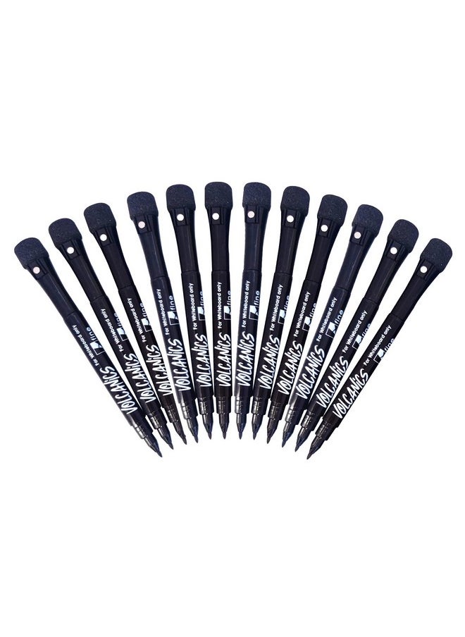 Volcanics Magnetic Whiteboard Markers - 12 Count Black Fine Tip Dry Erase Markers With Eraser For Kids, Low Odor Thin Markers For Calendar Boards  - Image 1