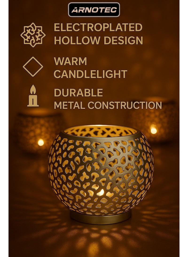 ARNOTEC Ramadan Modern Electroplated Metal Candle Holder, Decorative Iron Tealight Lantern with Hollow Geometric Sphere Design, Romantic Light & Shadow Tabletop Decor for Home & Bedroom – Silver 11×11×9 cm - Image 1
