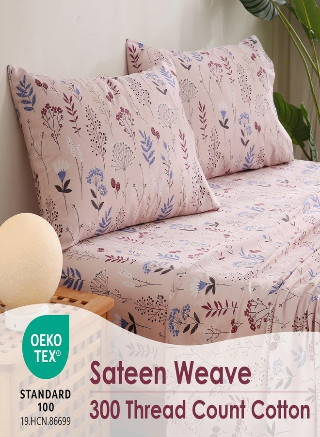 JSD Pink Floral Cotton Sheet Set Full Size, 300 TC Sateen Cotton Bed Sheets Extra Deep Pocket, Soft Smooth Breathable - Image 3