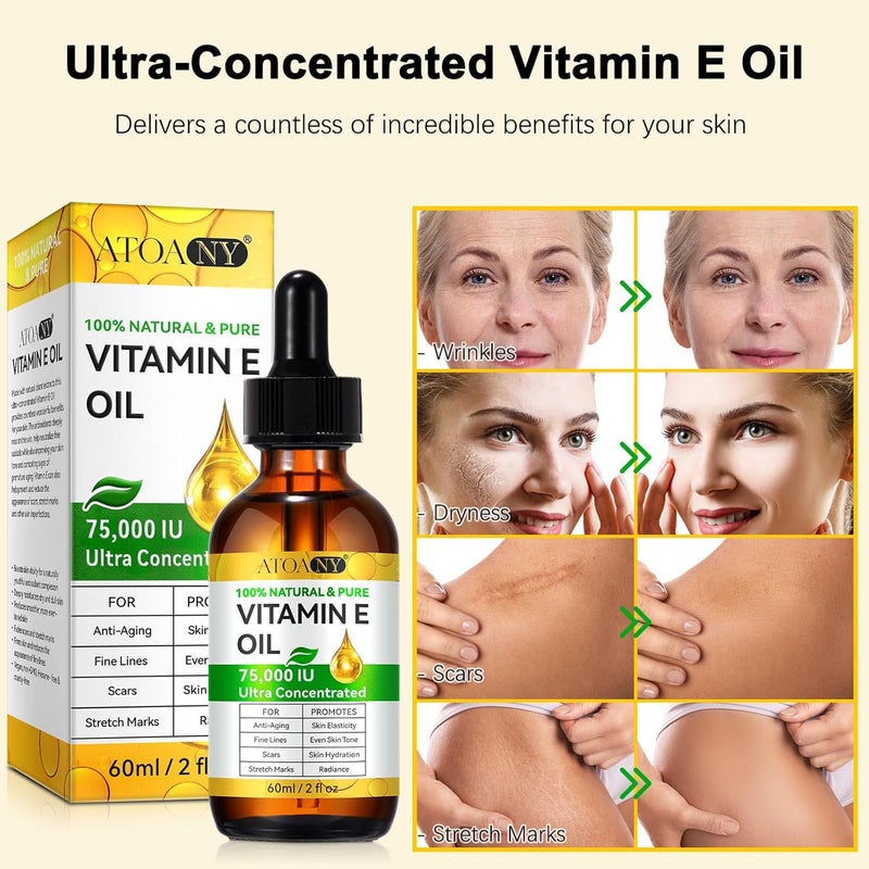 ZODENIS Vitamin E Oil for Skin Face Body Hair 100 Natural Pure Vitamin E Oil for Scars Winkles Dry Skin Blend 75000 IU Body Bath Moisturizing Stretch Marks 2Fl Oz - Image 4