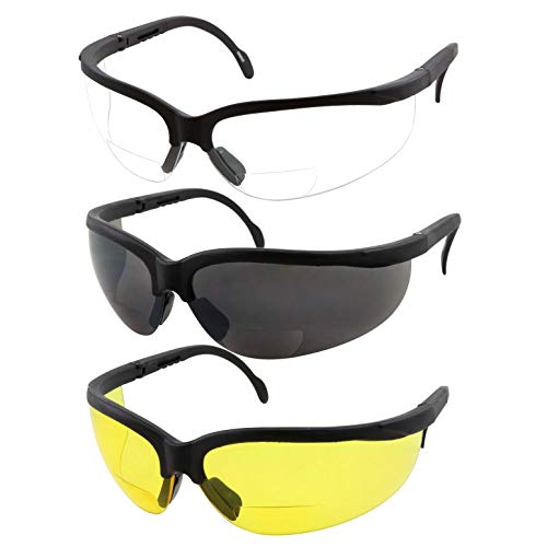 grinderPUNCH 3 Pairs Combo Bifocal Safety Reading Glasses - Assorted Colors Clear Black Yellow Lens - With Side Cover (Diopter +2.00) - Image 1