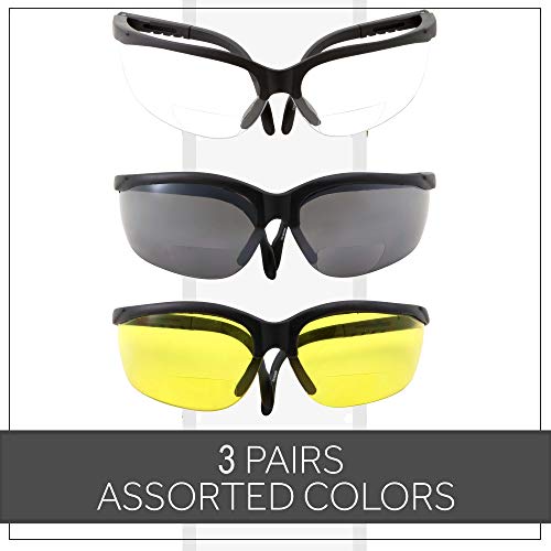 grinderPUNCH 3 Pairs Combo Bifocal Safety Reading Glasses - Assorted Colors Clear Black Yellow Lens - With Side Cover (Diopter +2.00) - Image 3