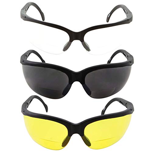 grinderPUNCH 3 Pairs Combo Bifocal Safety Reading Glasses - Assorted Colors Clear Black Yellow Lens - With Side Cover (Diopter +2.00) - Image 4