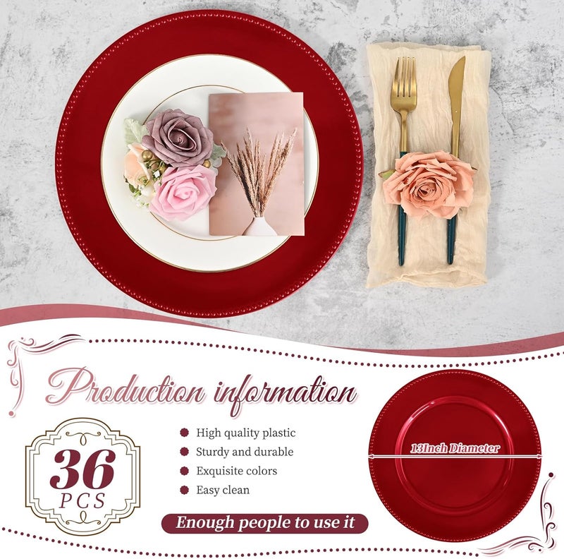 FXKS 36 Pcs Red Charger Plates Round Charger Plates13 Inch Bulk Wedding Dinner Elegant Reusable Plastic Chargers Plates Wedding Holiday Party Baby Shower Event Decoration Red - Image 2