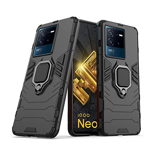 CEDO Kickstand Cover for iQOO Neo 6 (5G) Rugged Case | Built-in Stand Rotating Ring Holder | Military Grade Armor Bumper Back Cover (Black) - Image 1
