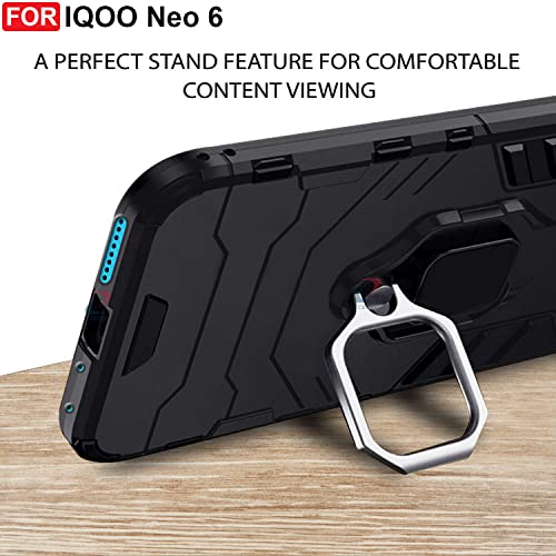 CEDO Kickstand Cover for iQOO Neo 6 (5G) Rugged Case | Built-in Stand Rotating Ring Holder | Military Grade Armor Bumper Back Cover (Black) - Image 5