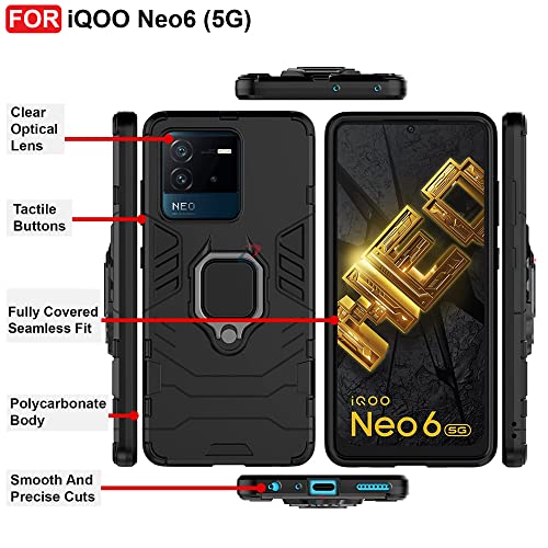 CEDO Kickstand Cover for iQOO Neo 6 (5G) Rugged Case | Built-in Stand Rotating Ring Holder | Military Grade Armor Bumper Back Cover (Black) - Image 3