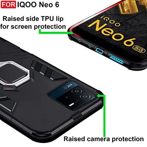 CEDO Kickstand Cover for iQOO Neo 6 (5G) Rugged Case | Built-in Stand Rotating Ring Holder | Military Grade Armor Bumper Back Cover (Black) - Image 4