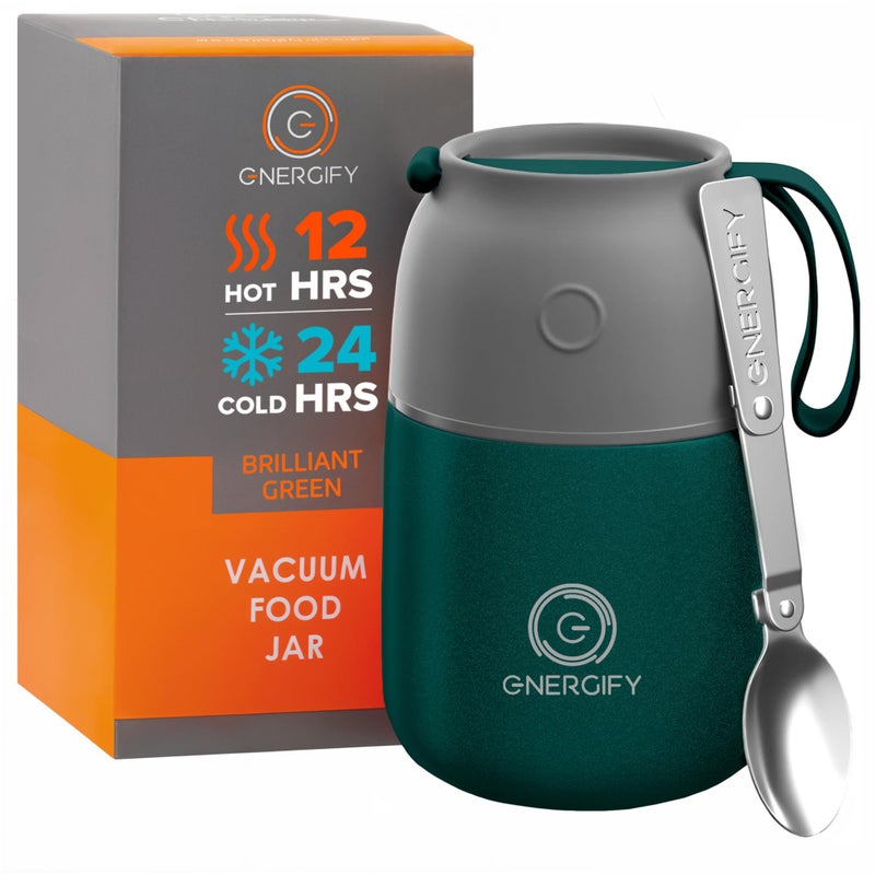 ENERGIFY Vacuum Insulated Food Jar. Large 17oz Bowl incl. Folding Spoon, Cup. Wide Mouth Keep Hot & Cold Drinks Soup Lunch Container for Adults. BPA-Free Stainless Steel, Proof Brilliant Green - Image 1