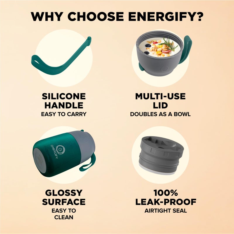 ENERGIFY Vacuum Insulated Food Jar. Large 17oz Bowl incl. Folding Spoon, Cup. Wide Mouth Keep Hot & Cold Drinks Soup Lunch Container for Adults. BPA-Free Stainless Steel, Proof Brilliant Green - Image 5
