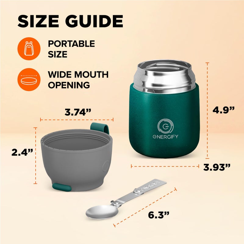 ENERGIFY Vacuum Insulated Food Jar. Large 17oz Bowl incl. Folding Spoon, Cup. Wide Mouth Keep Hot & Cold Drinks Soup Lunch Container for Adults. BPA-Free Stainless Steel, Proof Brilliant Green - Image 4