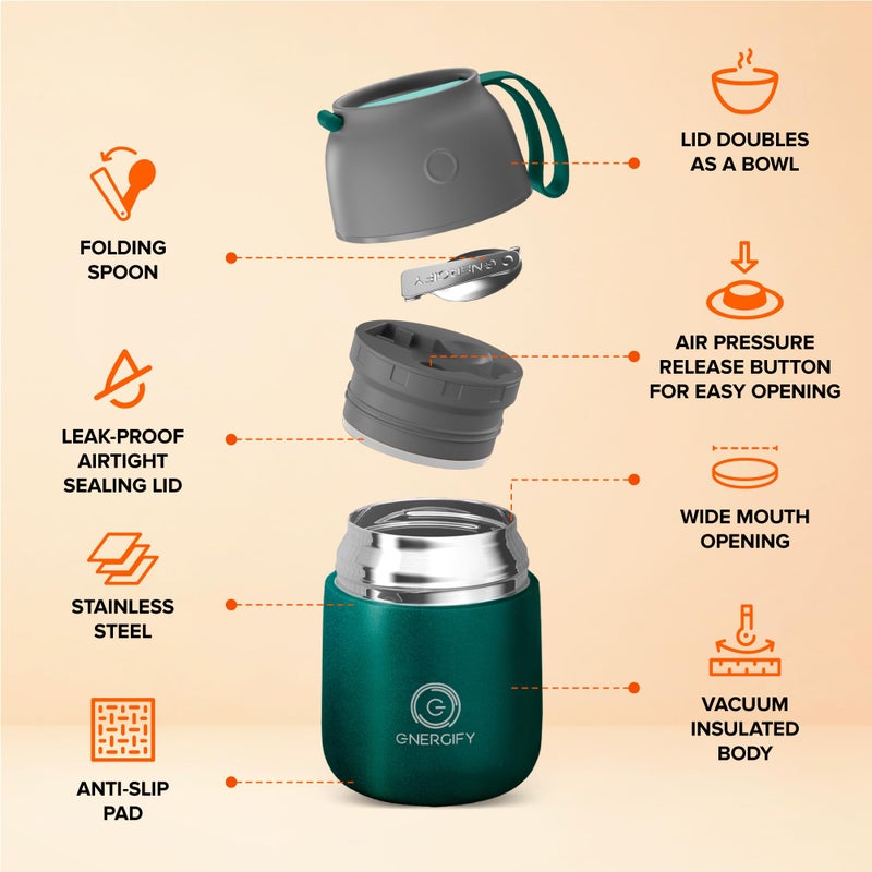 ENERGIFY Vacuum Insulated Food Jar. Large 17oz Bowl incl. Folding Spoon, Cup. Wide Mouth Keep Hot & Cold Drinks Soup Lunch Container for Adults. BPA-Free Stainless Steel, Proof Brilliant Green - Image 2
