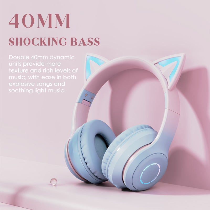 Glowing Cat Ear Headphones Foldable Over Ear Gaming Headset with Colorful Lights Wireless BT5.3 Earphone with Detachable Microphone 3.5mm Wired Music Headphone Foldable Adjustable Headband - Image 2