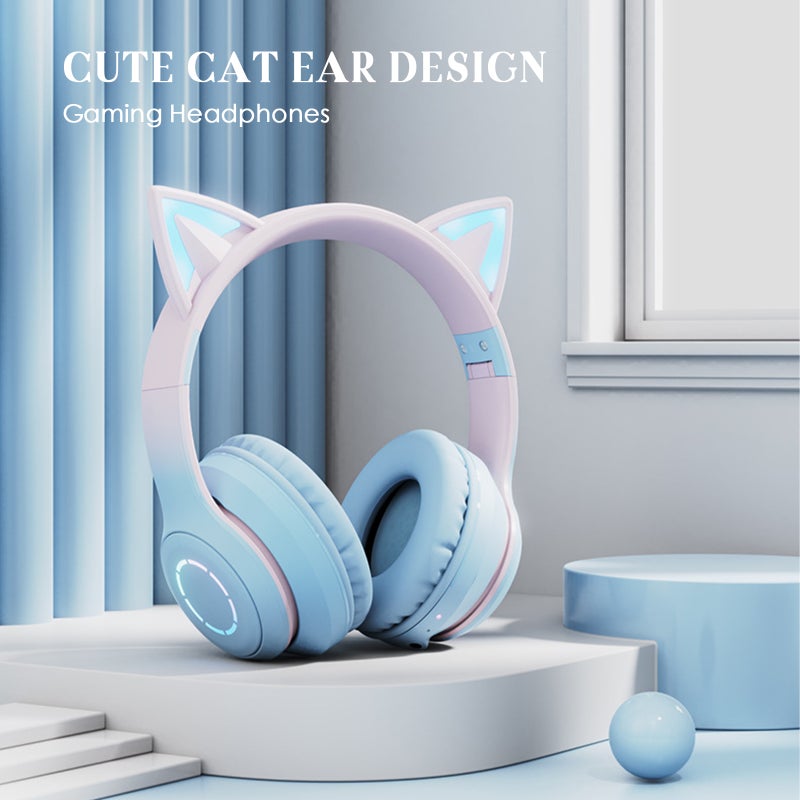 Glowing Cat Ear Headphones Foldable Over Ear Gaming Headset with Colorful Lights Wireless BT5.3 Earphone with Detachable Microphone 3.5mm Wired Music Headphone Foldable Adjustable Headband - Image 5