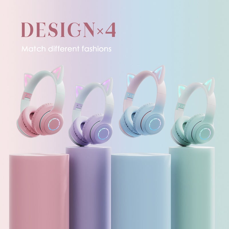 Glowing Cat Ear Headphones Foldable Over Ear Gaming Headset with Colorful Lights Wireless BT5.3 Earphone with Detachable Microphone 3.5mm Wired Music Headphone Foldable Adjustable Headband - Image 4