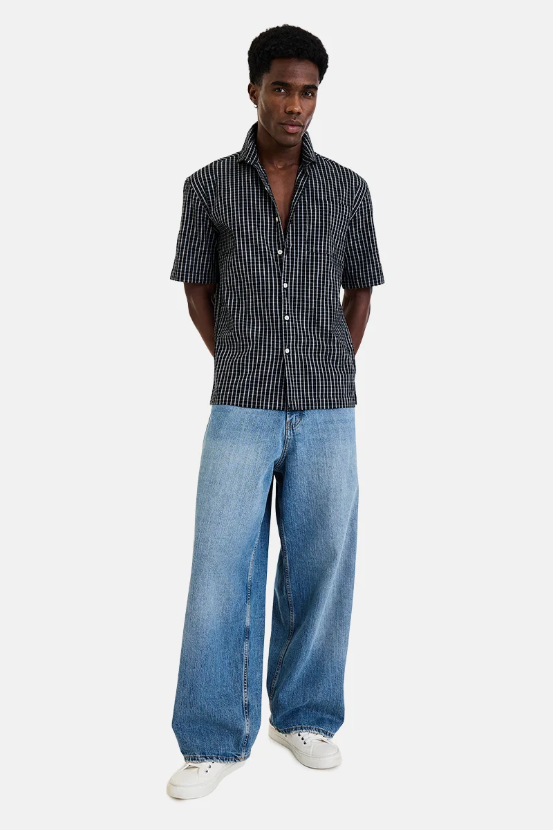 SNITCH Black Checkered Half Sleeve Boxy Casual Shirt