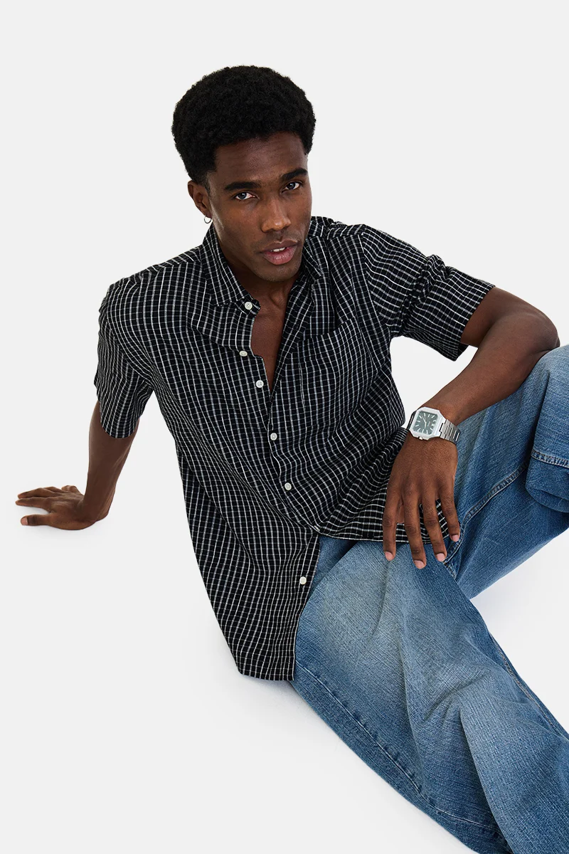 SNITCH Black Checkered Half Sleeve Boxy Casual Shirt