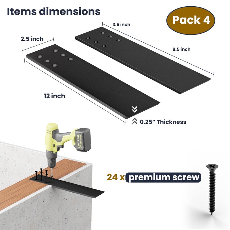 BATODA 12"" Countertop Support Brackets (4 pcs) for Granite - Heavy Duty L Shelf Bracket - Wall Mounted Support for DIY Open Shelving - Knee Wall Support - Mounting Hardware Included ( Pack 4 ) - Image 3