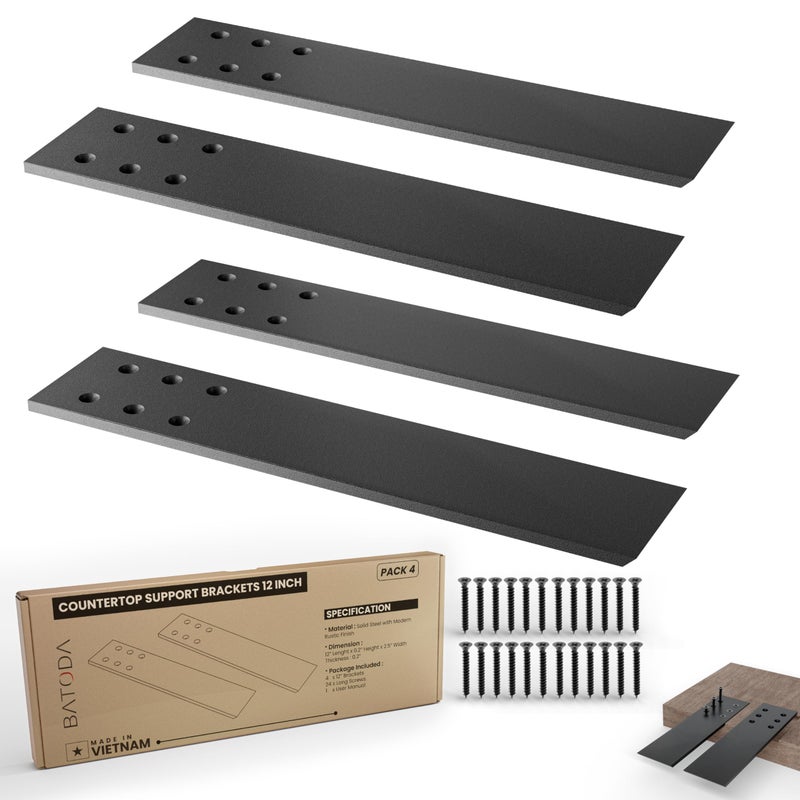 BATODA 12"" Countertop Support Brackets (4 pcs) for Granite - Heavy Duty L Shelf Bracket - Wall Mounted Support for DIY Open Shelving - Knee Wall Support - Mounting Hardware Included ( Pack 4 ) - Image 1