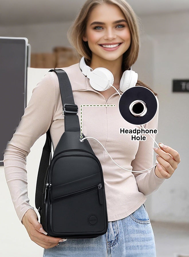 Uptyia Small Crossbody Bag for Men Waterproof Crossbody Fanny Packs with USB Charging Port and Headphone Hole Slim Chest Shouler Bags Casual Daypack for Travel(Black)  - Image 3