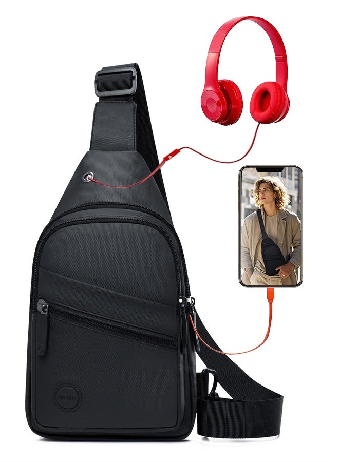 Uptyia Small Crossbody Bag for Men Waterproof Crossbody Fanny Packs with USB Charging Port and Headphone Hole Slim Chest Shouler Bags Casual Daypack for Travel(Black)  - Image 1
