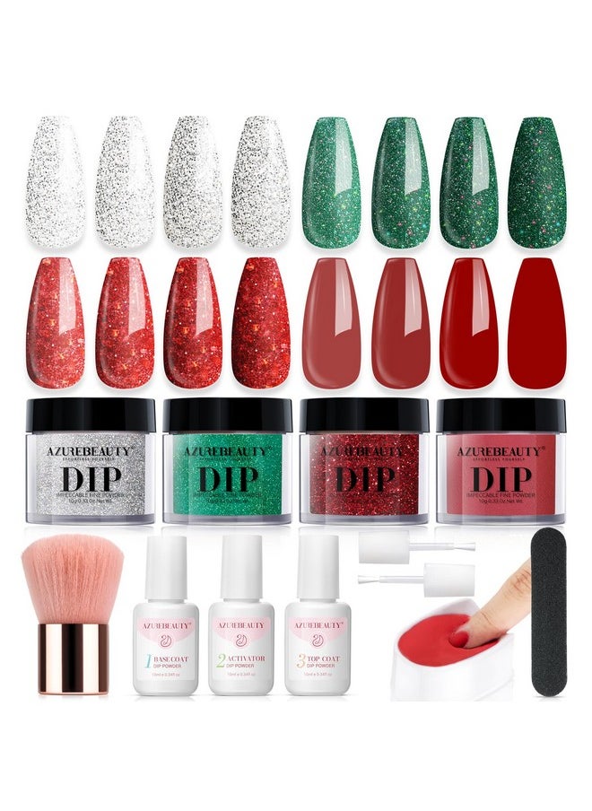 AZUREBEAUTY AZUREBEAUTY Christmas Dip Powder Nail Kit Green Red Glitter Silver 12 Pcs Acrylic Dip Powder Liquid Set with Base/Top Coat Activator for French Nail Art Manicure Home Holiday Gifts Set  - Image 1