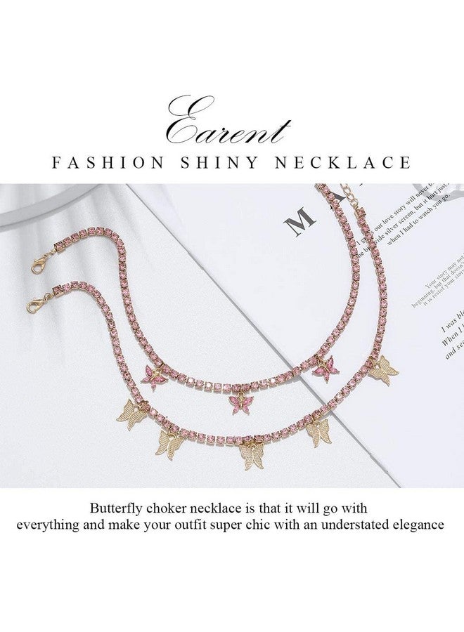 EARENT قلائد شوقر الفراشة مع سلسال لامع من الراينستون وقلادة فراشة لامعة باللون الوردي لحفلات النساء والفتيات (وردي (عبوة 2)) - Image 2