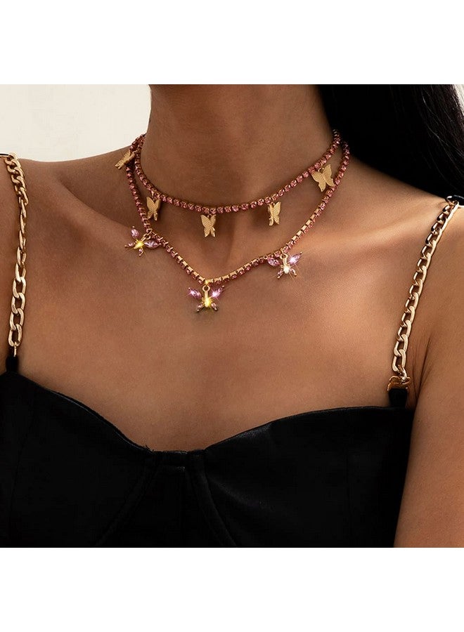EARENT قلائد شوقر الفراشة مع سلسال لامع من الراينستون وقلادة فراشة لامعة باللون الوردي لحفلات النساء والفتيات (وردي (عبوة 2)) - Image 3