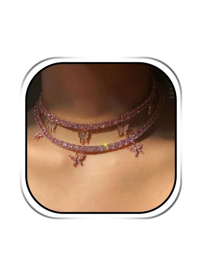 EARENT قلائد شوقر الفراشة مع سلسال لامع من الراينستون وقلادة فراشة لامعة باللون الوردي لحفلات النساء والفتيات (وردي (عبوة 2)) - Image 1