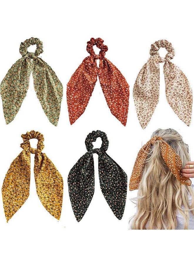 DINPREY 5 Pcs Floral Hair Scarf With Ribbon Bow For Woman Girls Bow Scrunchies For Hair Hair Scrunchies With Bow Chiffon Floral Scrunchie Long Hair Bands Ties Ponytail Holder - Image 1