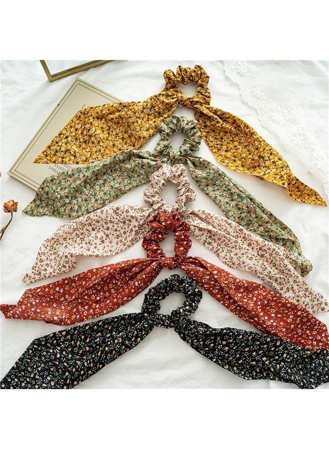 DINPREY 5 Pcs Floral Hair Scarf With Ribbon Bow For Woman Girls Bow Scrunchies For Hair Hair Scrunchies With Bow Chiffon Floral Scrunchie Long Hair Bands Ties Ponytail Holder - Image 2