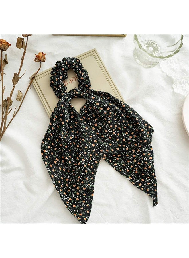 DINPREY 5 Pcs Floral Hair Scarf With Ribbon Bow For Woman Girls Bow Scrunchies For Hair Hair Scrunchies With Bow Chiffon Floral Scrunchie Long Hair Bands Ties Ponytail Holder - Image 4