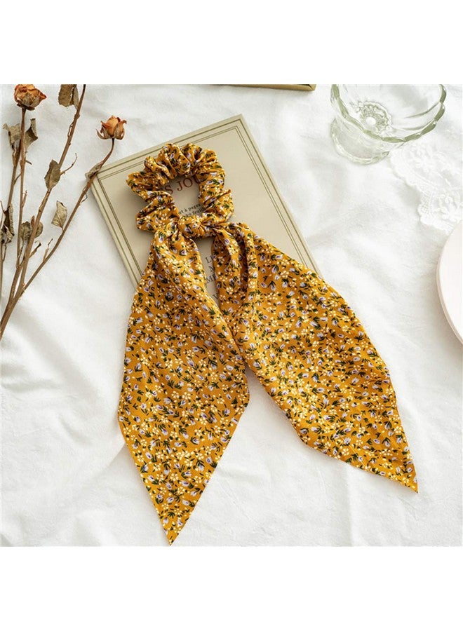 DINPREY 5 Pcs Floral Hair Scarf With Ribbon Bow For Woman Girls Bow Scrunchies For Hair Hair Scrunchies With Bow Chiffon Floral Scrunchie Long Hair Bands Ties Ponytail Holder - Image 5