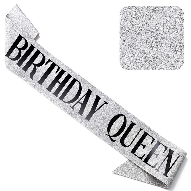 CORRURE Birthday Queen Sash Glitter with Black Foil  Silver Glitter Happy Birthday Sash for Women  Party Favors Supplies and Decorations for Sweet 16 18th 21st 30th 40th or Any Bday Party