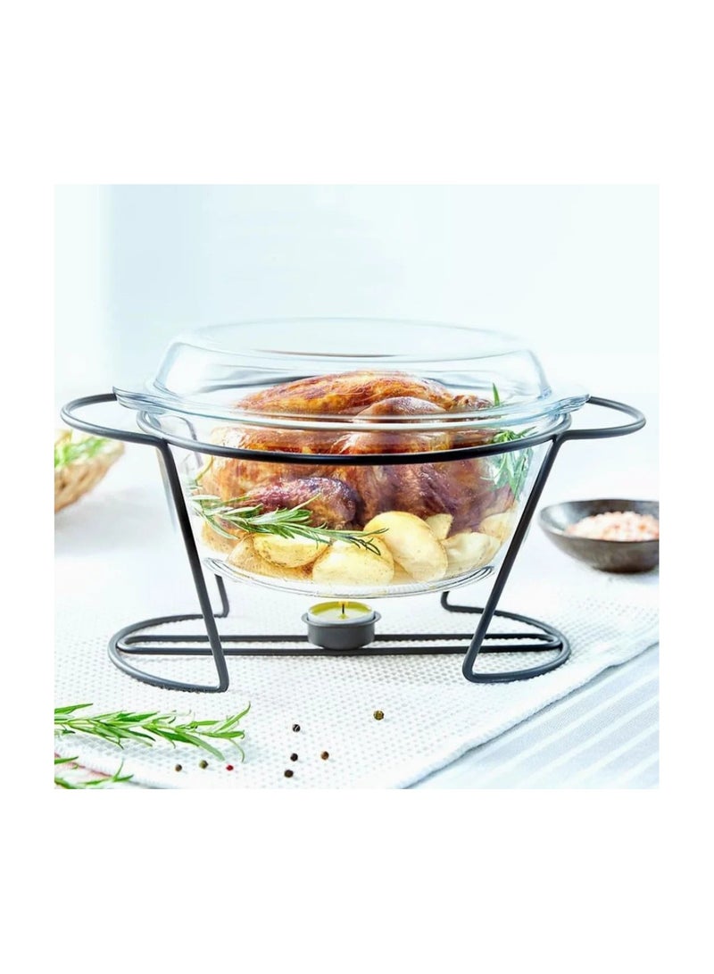 Borcam Round Glass Casserole with Cover & Black Stand – 2100ml-Turkey Made - Image 2