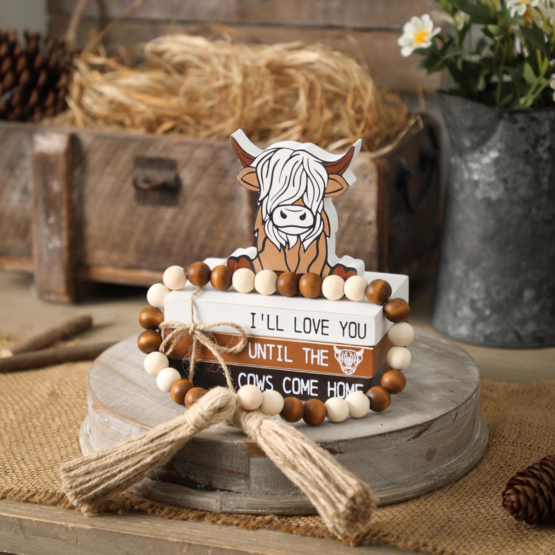 WODOHOLO 5PCS Highland Cow Decor, Farmhouse Tiered Tray Decor, Christmas Decorations for Home Wooden Book Stacks SignsRustic Table Centerpiece for Mantle Shelf Kitchen Living Room Office - Image 5