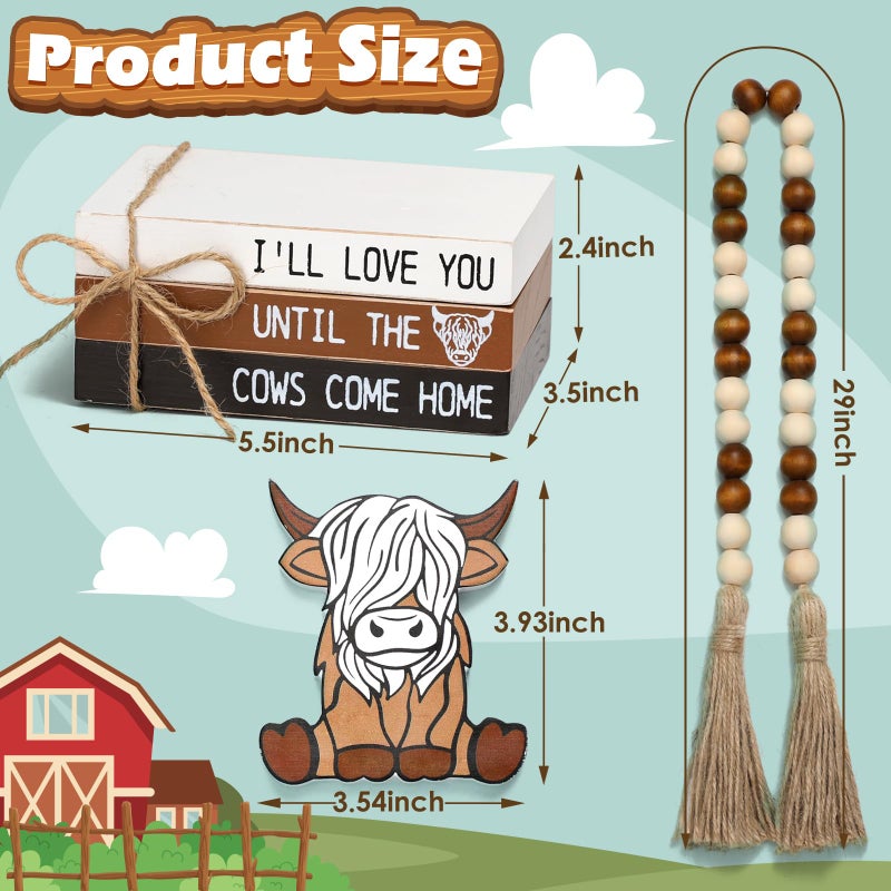 WODOHOLO 5PCS Highland Cow Decor, Farmhouse Tiered Tray Decor, Christmas Decorations for Home Wooden Book Stacks SignsRustic Table Centerpiece for Mantle Shelf Kitchen Living Room Office - Image 2