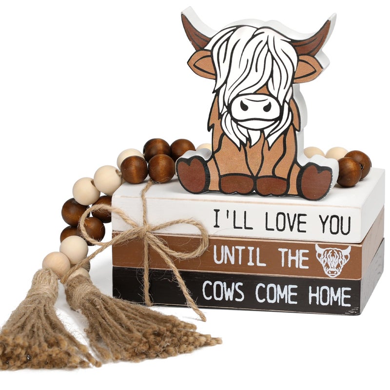 WODOHOLO 5PCS Highland Cow Decor, Farmhouse Tiered Tray Decor, Christmas Decorations for Home Wooden Book Stacks SignsRustic Table Centerpiece for Mantle Shelf Kitchen Living Room Office - Image 1