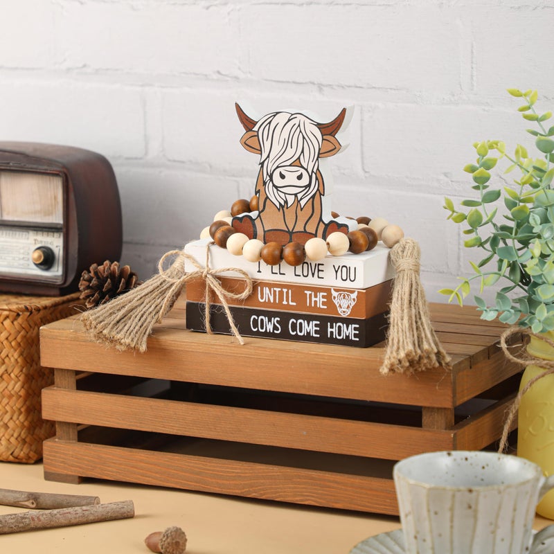 WODOHOLO 5PCS Highland Cow Decor, Farmhouse Tiered Tray Decor, Christmas Decorations for Home Wooden Book Stacks SignsRustic Table Centerpiece for Mantle Shelf Kitchen Living Room Office - Image 3