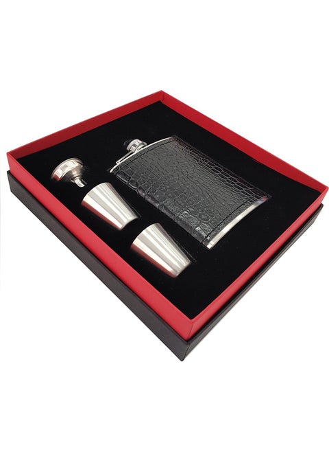 Black Sketch on Steel Leather Covered Liquor Flask Set KB03T