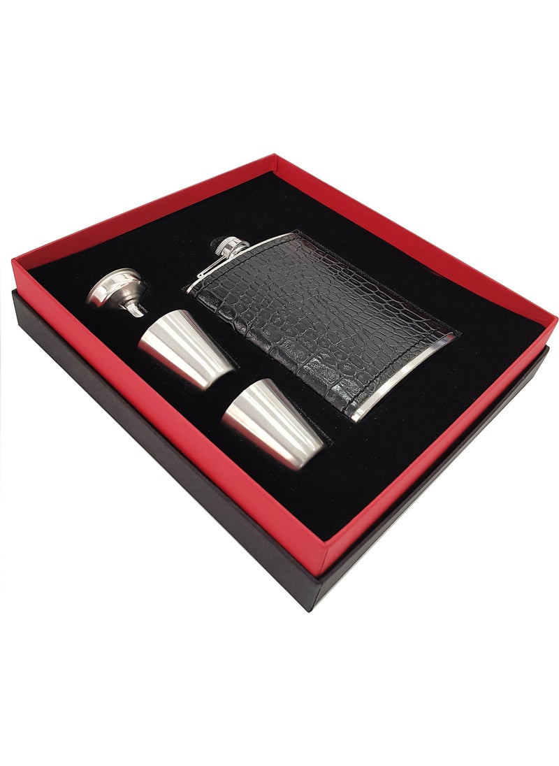 Weather Forecast Black Sketch on Steel Leather Covered Liquor Flask Set KB03T  - Image 1