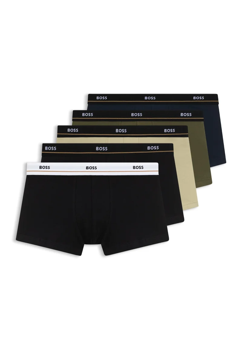 BOSS Five-pack of stretch-cotton trunks with logo waistbands