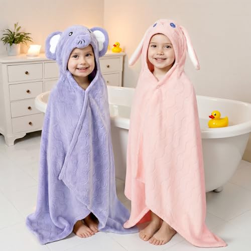 CandyHome 6 PCS Toddler Bath Towel Set for Boy Girl 0-5 Year, 2 PCS Thick Absorbent Hooded Baby Bath Towels Large 55" x 27.5" & 4 PCS Washcloths, Ultra Soft Gifts for Infant, Toddler, Kids, Rabbit & Elephant - Image 5