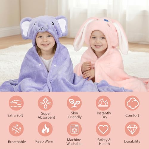CandyHome 6 PCS Toddler Bath Towel Set for Boy Girl 0-5 Year, 2 PCS Thick Absorbent Hooded Baby Bath Towels Large 55" x 27.5" & 4 PCS Washcloths, Ultra Soft Gifts for Infant, Toddler, Kids, Rabbit & Elephant - Image 3