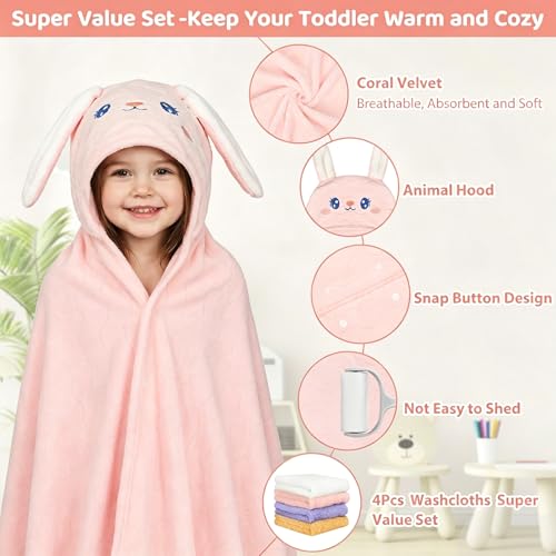 CandyHome 6 PCS Toddler Bath Towel Set for Boy Girl 0-5 Year, 2 PCS Thick Absorbent Hooded Baby Bath Towels Large 55" x 27.5" & 4 PCS Washcloths, Ultra Soft Gifts for Infant, Toddler, Kids, Rabbit & Elephant - Image 4