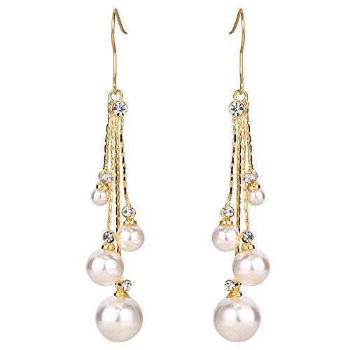 EleQueen Women's Gold-tone Crystal Simulated Pearl 4 Chain Bridal Long Dangle Hook Earrings Ivory Color - Image 1